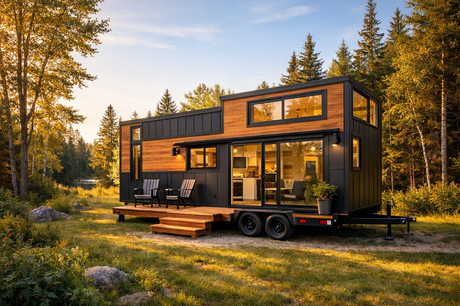 KYRAX custom tiny home on wheels with cedar and dark panel exterior in a forest setting