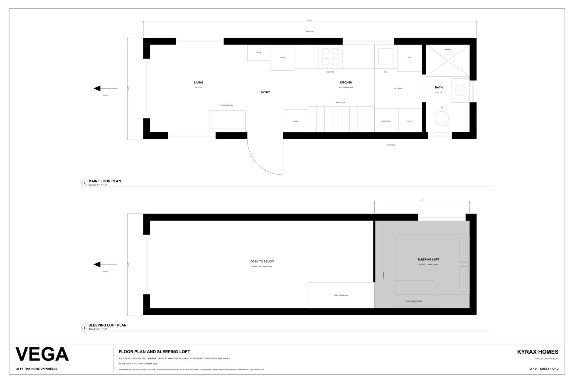 Preliminary Vega floor plan, draft 5c. The main floor runs living and entry at the hitch end, a kitchen counter along the road side, and a bath at the rear with shower, WC and basin. A stair climbs to a sleeping loft over the bath and wardrobe; the rest of the upper level is open to below.