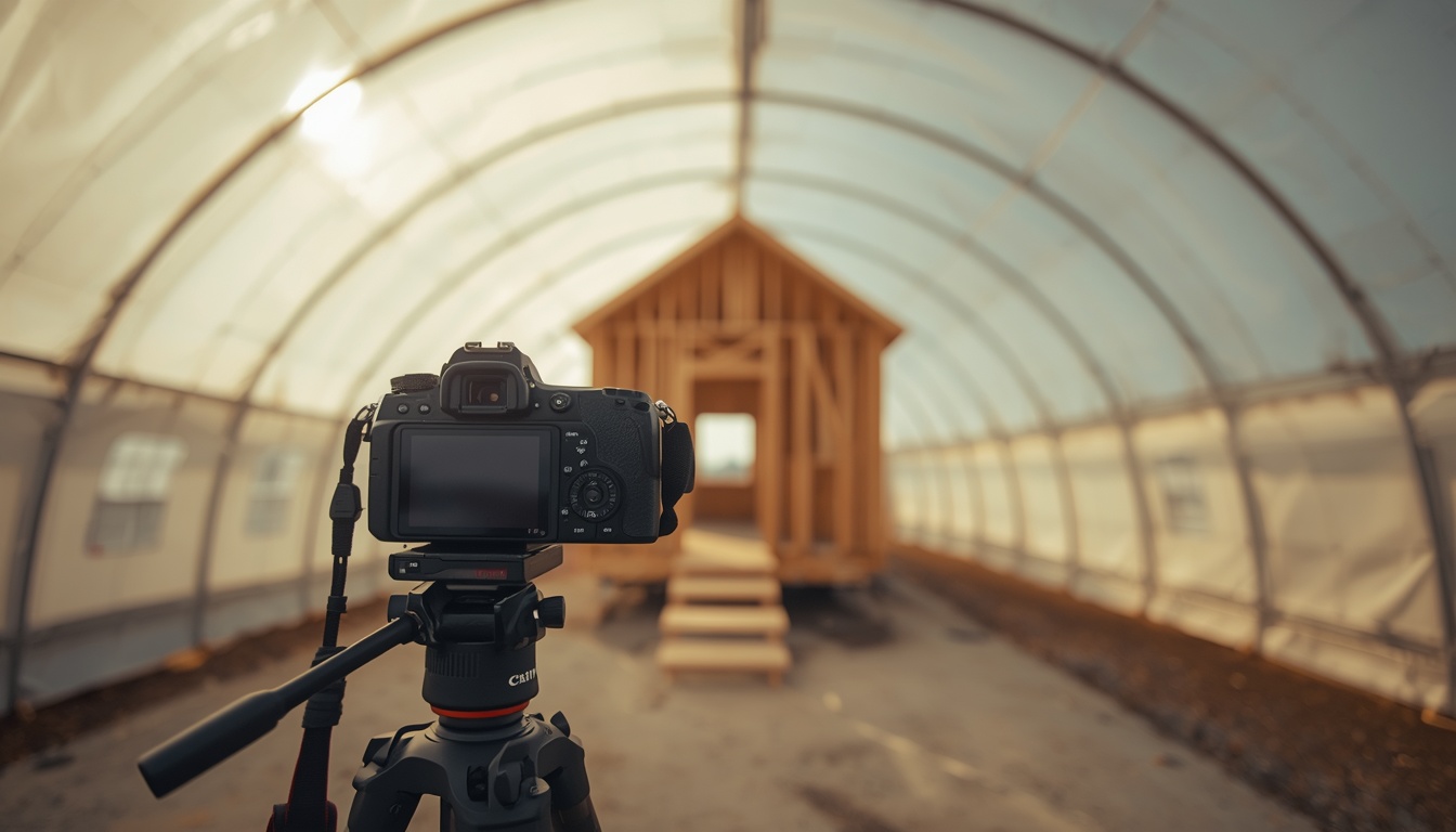 Camera on a tripod facing a build in progress