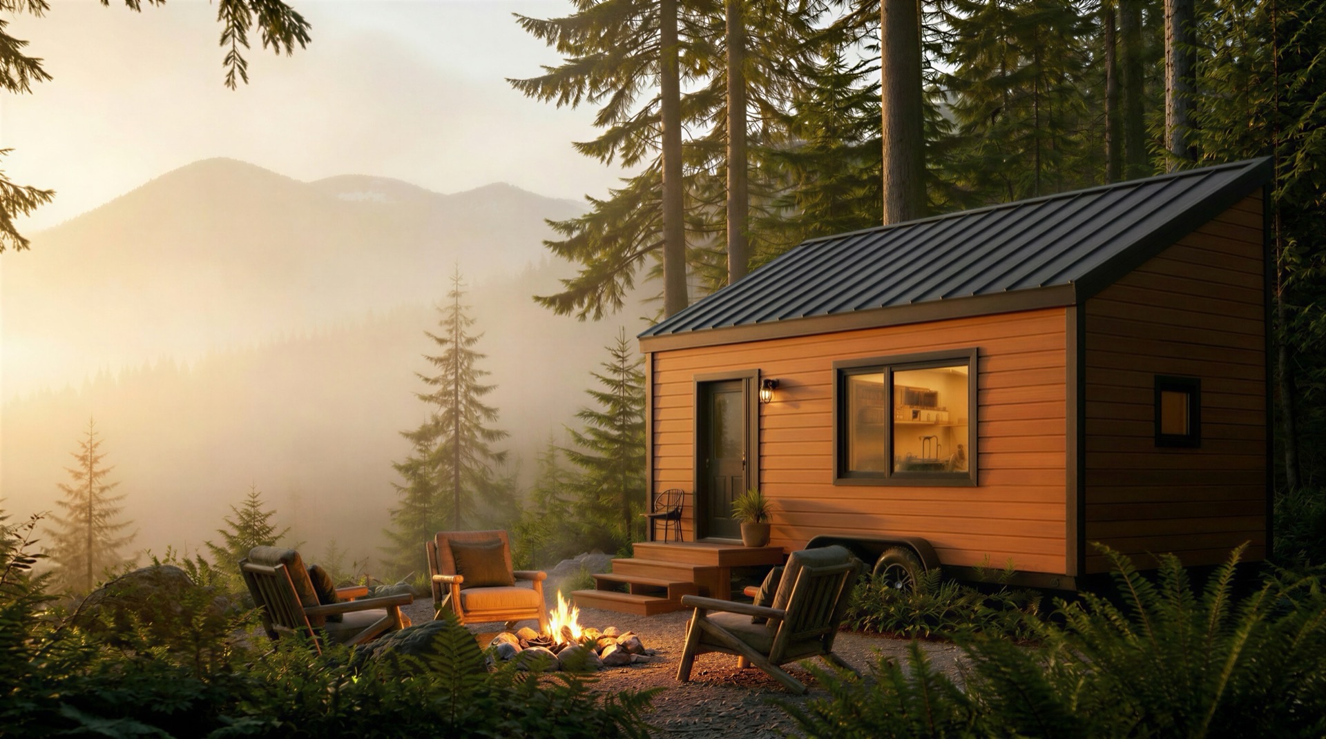 Render — KYRAX flagship tiny home on wheels at dawn in a BC forest clearing, coffee mugs on the cedar deck
